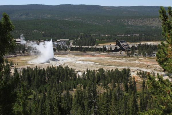 Old Faithful Inn and Geyser from Observation Point Trail