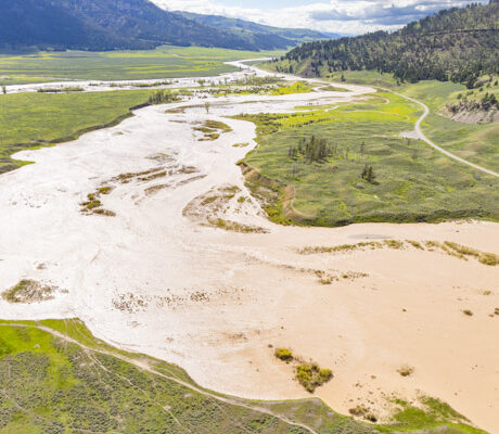 Yellowstone flood event showing Lamar River and Soda Butte Creek overflowing.