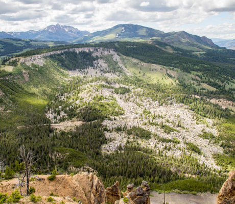 Summer view of Mountain Terrace and the Hoodoos in Yellowstone.