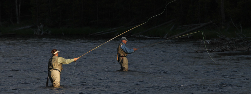 Woman and man fly fishing in the Firehole River in Yellowstone.