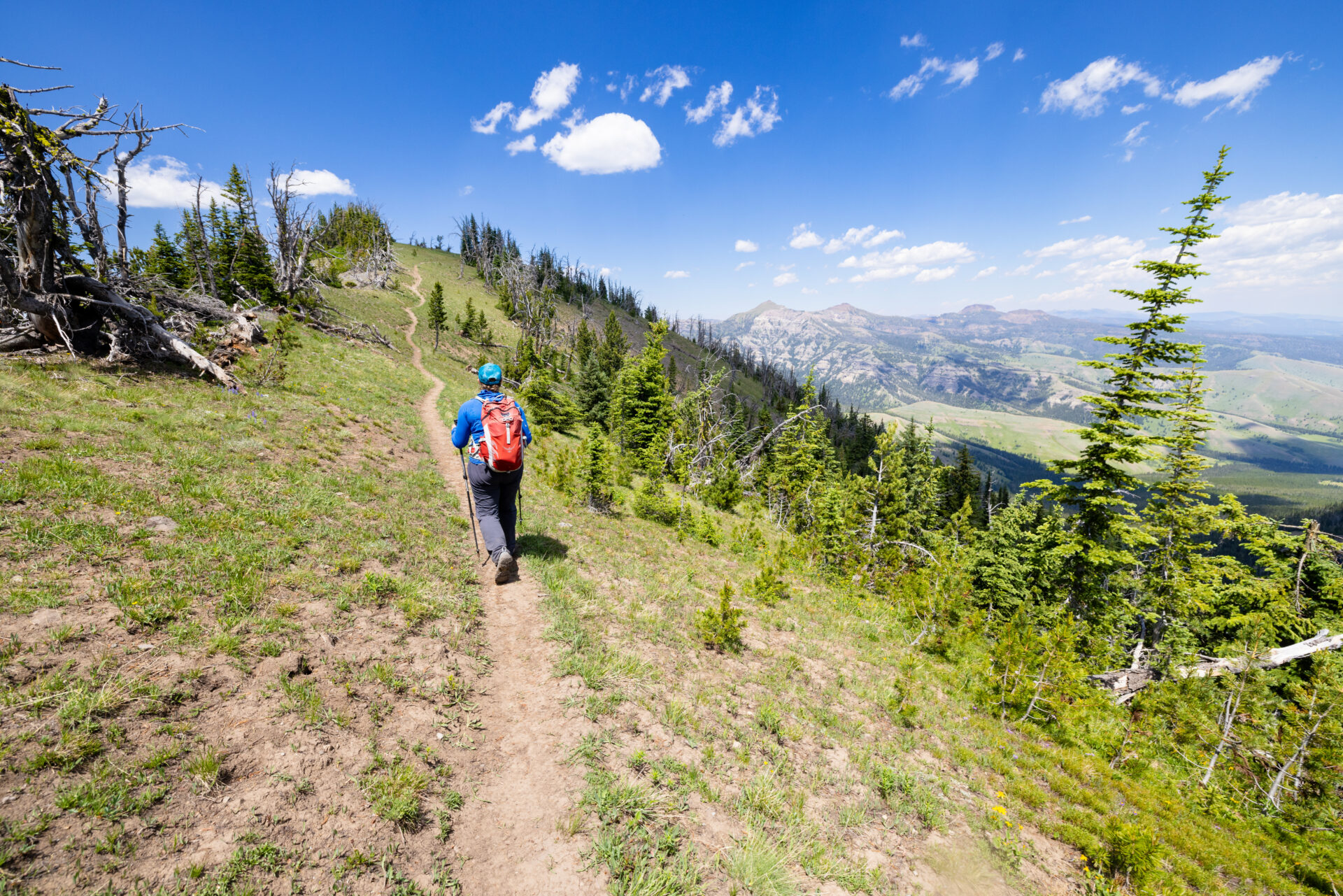 Views along the Sky Rim Trail: hiker on the trail looking north
