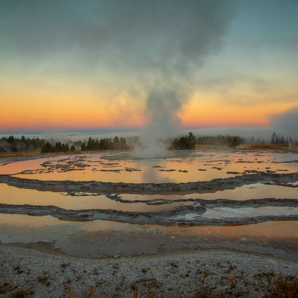 Great Fountain Geyser at Sunrise 2026 Yellowstone Forever Calendar Contest honorable mention image of Great Fountain Geyser at sunrise.