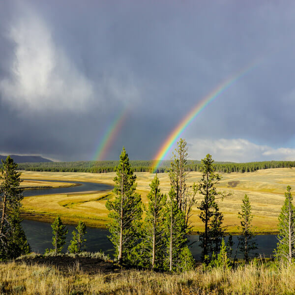 Hayden Valley Double Rainbow 2026 Yellowstone Forever Calendar Contest winning image of a double rainbow above the Yellowstone River in Hayden Valley.