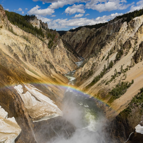 Brink of the Lower Falls Rainbow 2026 Yellowstone Forever Calendar Contest honorable mention image of a view of the Grand Canyon of the Yellowstone from the Brink of the Lower Falls
