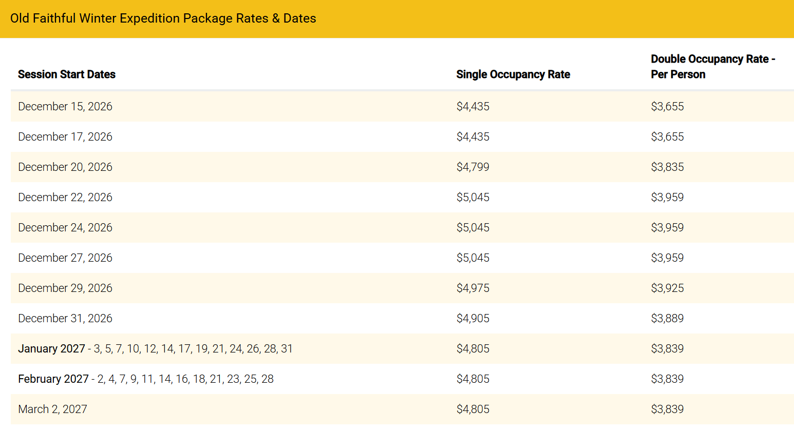 Old Faithful Winter Expedition Package Rates 26/27