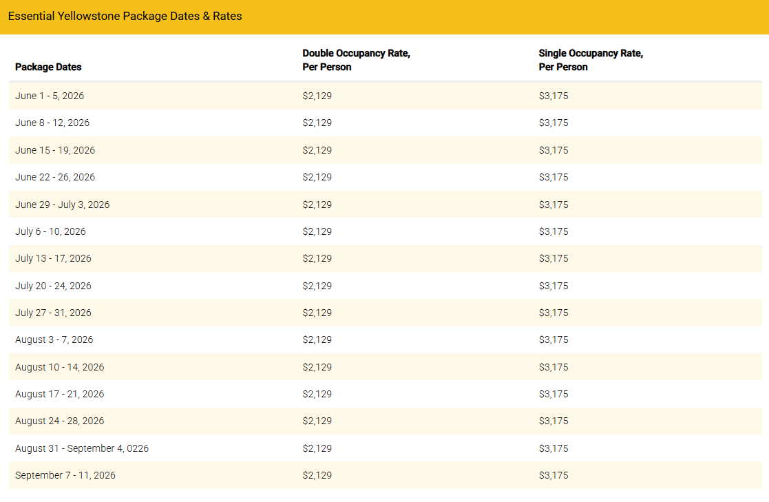 Essential Yellowstone 2026 pricing