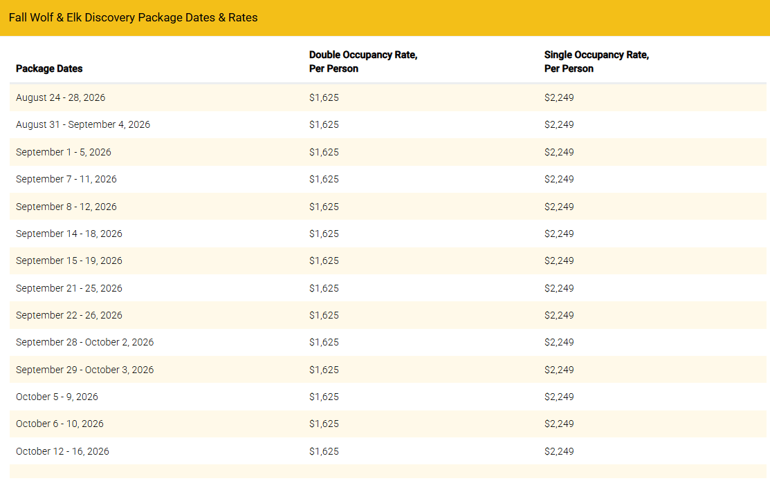 Fall Wolf & Elk Discovery 2026 pricing