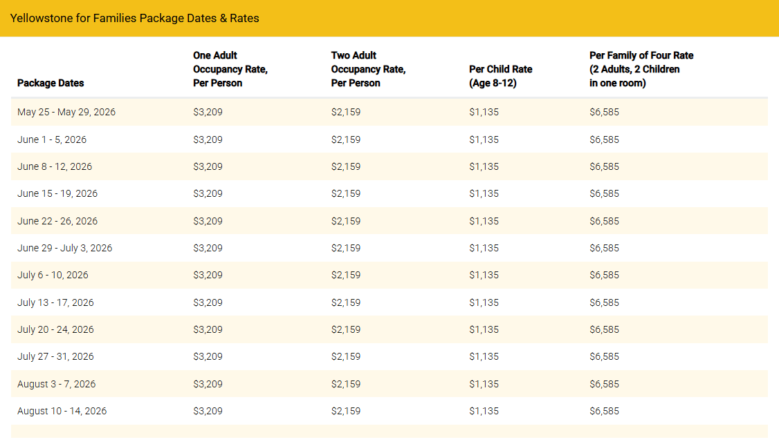 Yellowstone for Families 2026 pricing