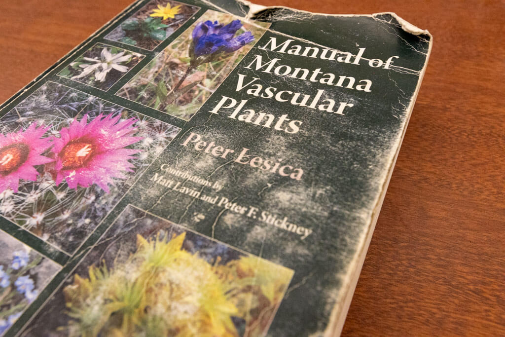 A worn copy of Manual of Montana Vascular Plants by Peter Lesica rests on a wooden surface, featuring photos of various flowers on the cover.