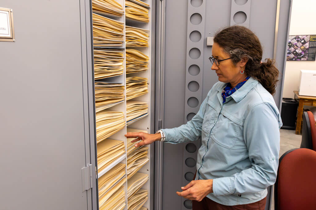A person wearing glasses and a blue shirt examines folders stored vertically on shelves inside a gray cabinet in an office or archive room.