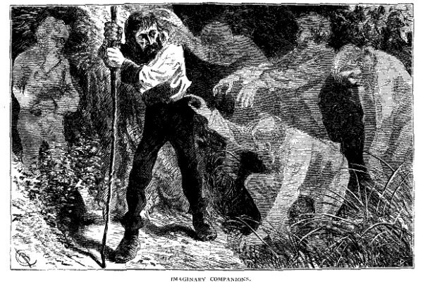A man holding a staff stands in a dark forest, surrounded by ghostly, translucent figures that appear to emerge from the shadows, suggesting the presence of imaginary companions.