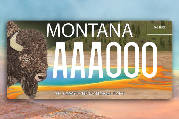 Montana license plate featuring a bison, colorful hot spring, white AAAA000 text, and Yellowstone National Park at the bottom.