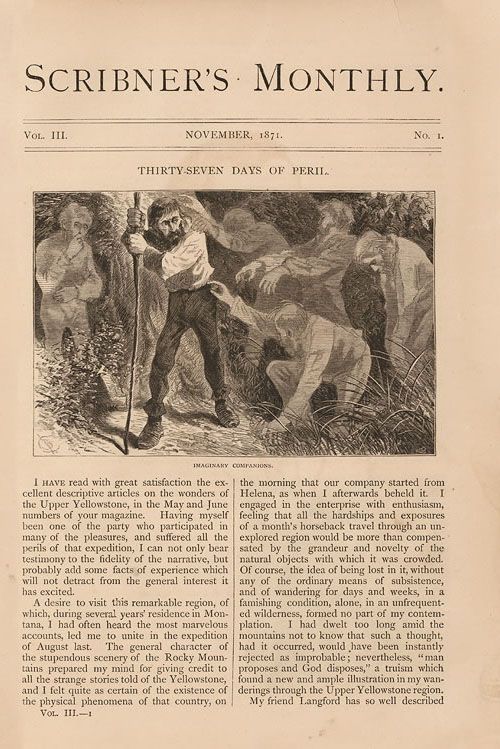 A vintage magazine page titled Scribners Monthly features an illustration of a man with a stick in a wilderness setting, followed by text recounting an adventurous expedition.