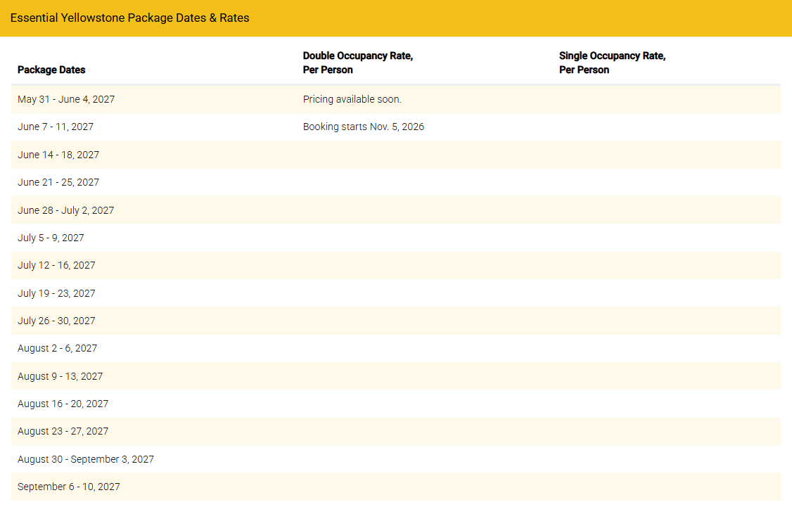 Table showing Yellowstone package dates for 2027, noting that pricing for the first two date ranges is coming soon.