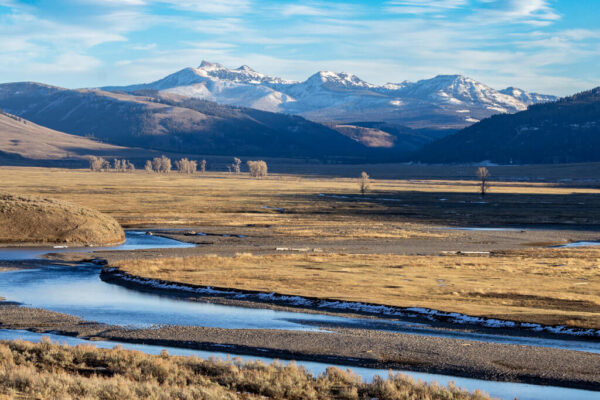 A winding river flows through a wide, golden valley with snow-capped mountains in the distance.